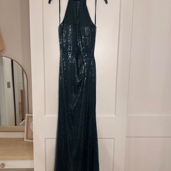 Green formal sequin long halter neck dress. Betsy and Adam
